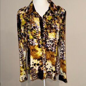 BCBGMaxAzria Yellow and Brown Abstract Button Down Shirt